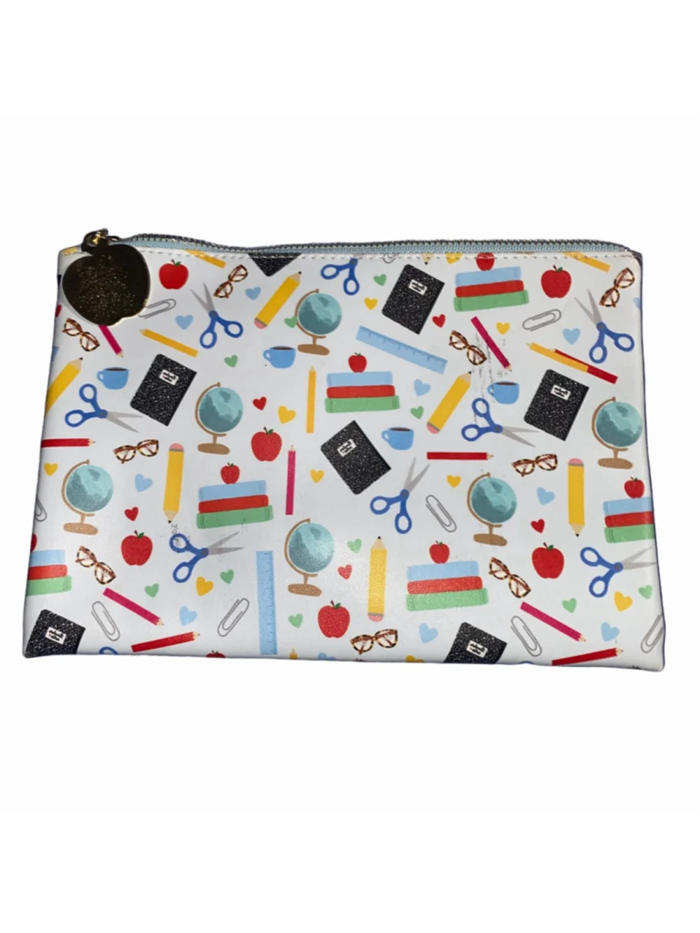 Women's Teacher Themed Stationary or Cosmetic Bag, White and Blue